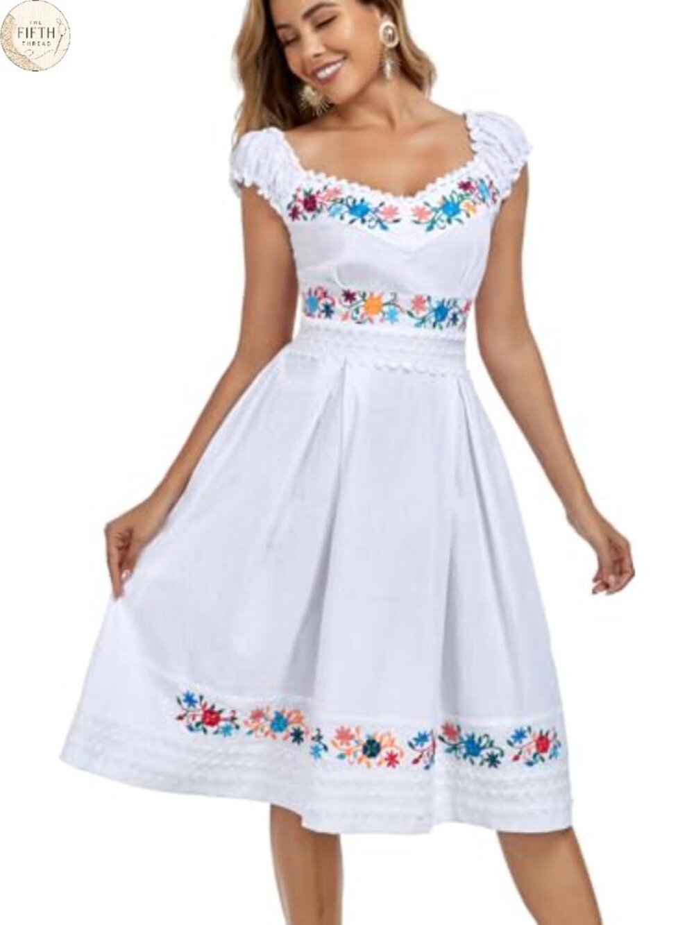 Boho Cotton Embroidered Lace A-Line Summer Dress Ruffle Sleeve